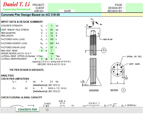 Concrete Pier Design Based On Aci 318 05 Excel Sheets