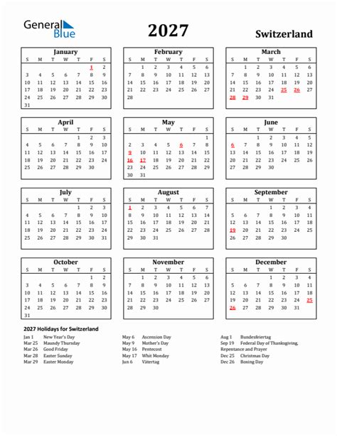 Free Printable 2027 Switzerland Holiday Calendar