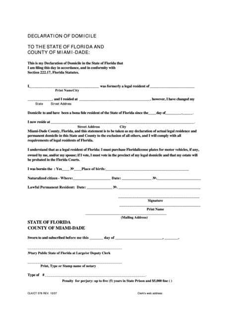 Declaration Of Domicile Miami Dade County Printable Pdf Download