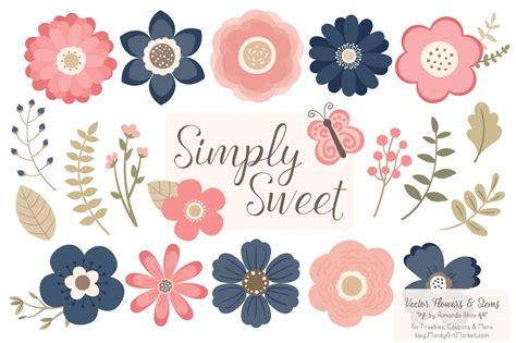 Navy And Blush Flowers Clipart ~ Illustrations ~ Creative Market