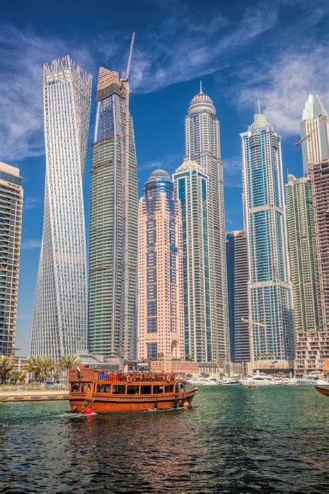 Dubai Marina With Boat In Dubai United Arab Emirates Stock Photo
