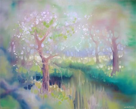 A Green Painting Of A Glade By A River In Spring Oil Painting Landscape