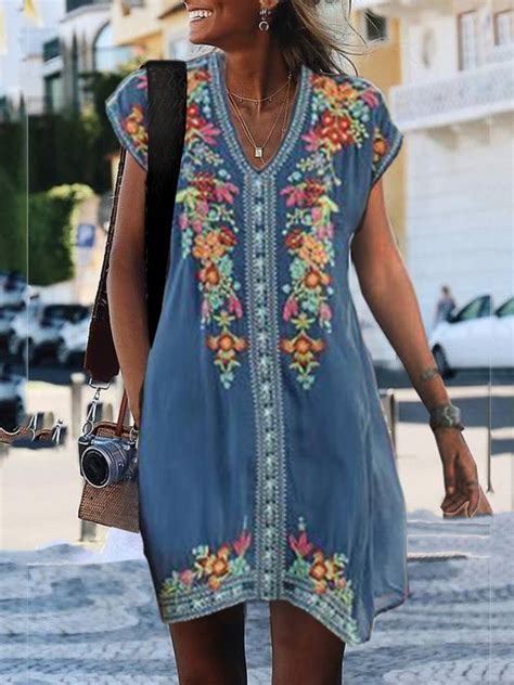 Women Summer Short Sleeve Embroidered Shift Weaving Dress Noracora