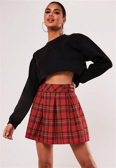Red Plaid Print Pleated Buckle Mini Skirt Missguided