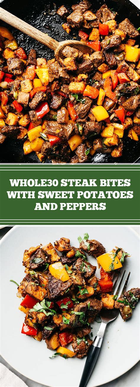 These garlic butter steak bites and potatoes are made all in one skillet and ready in 25 minutes! Whole30 Steak Bites with Sweet Potatoes and Peppers
