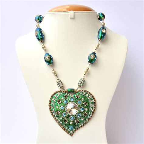 Handmade Teal Glitter Necklace With Metal Flowers And Rhinestones