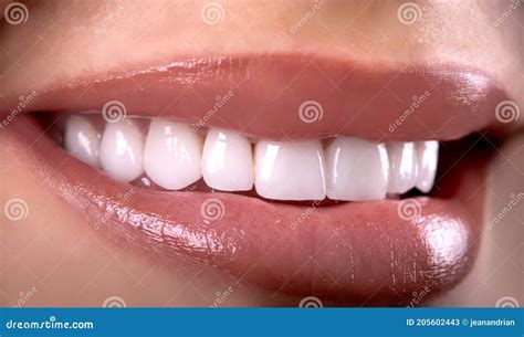 Perfect Close Up Sensual Beautiful Seductive Pink Lips Woman Smile With Tongue White Teeth