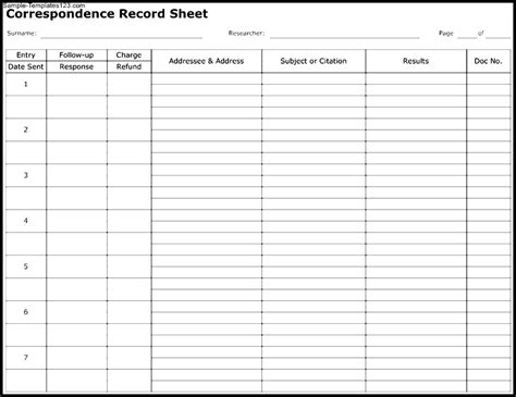 Correspondence Record Sheet Template Sample Templates Sample Templates