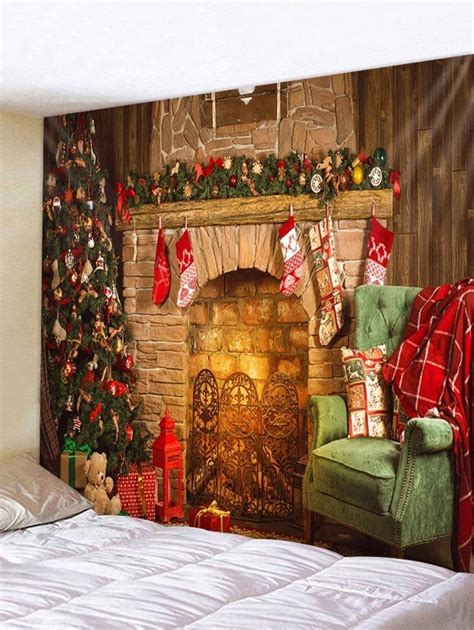 Christmas Fireplace Tree Print Tapestry Wall Art Decor Christmas Tree