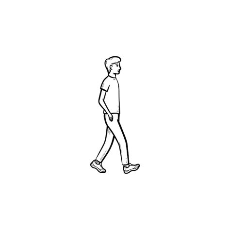 歩く人の手描きのアウトライン落書きアイコン。歩行者、レクリエーション、歩行活動、健康的なライフスタイルのコンセプト。白い背景の上の印刷、ウェブ