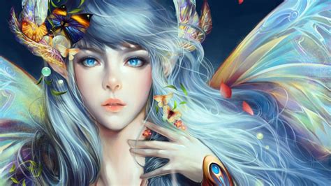 Fantasy Girl Fairy Beautiful Blue Hair Blue Eyes Face