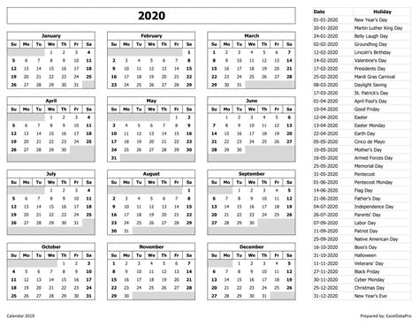 2020 List Of Holidays Printable Calendar Template Printable
