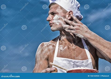 Baker Concept Cook Or Chef With Sexy Muscular Shoulders And Chest Covered With Flour Man On