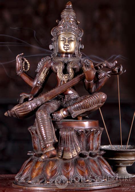Brass Saraswati Goddess Of Wisdom Statue Seated On Lotus Base Playing Veena Instrument 145