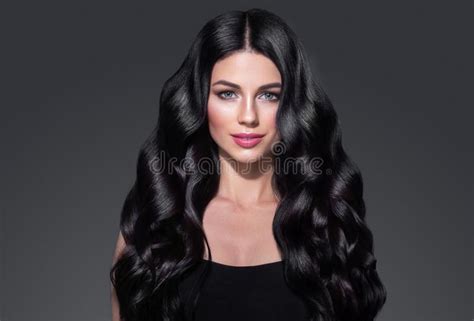 Beautiful Woman Face Studio Portrait Beauty Black Long Hair Stock