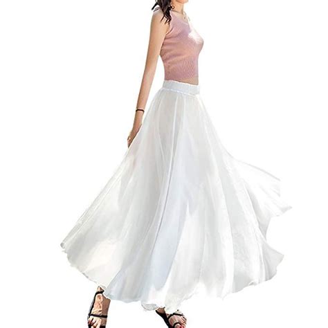 Yuluosha Women Long Flowy Elastic Waist Chiffon Skirt Bohemian Summer Beach Maxi Solid Dress