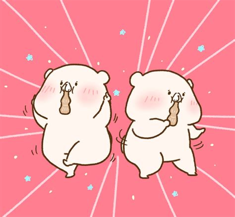 Two White Polar Bears Standing Next To Each Other In Front Of A Pink