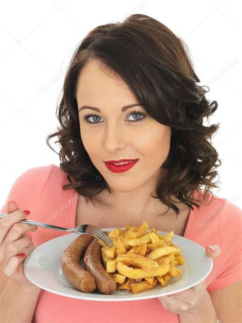 Young Woman Eating Jumbo Sausage And Chips Stock Photo By ©richardmlee