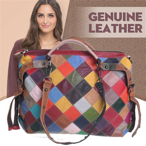 Women Genuine Leather Stitching Patchwork Vintage Large Capacity ...