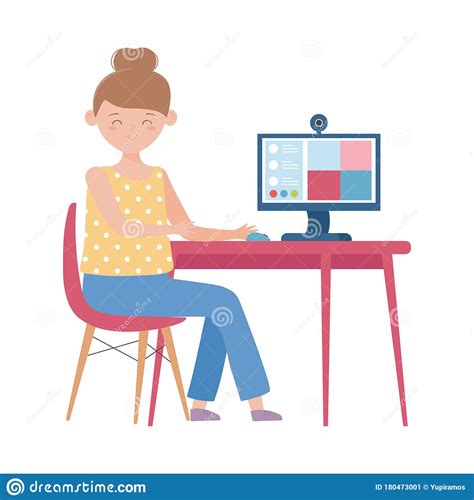 Stay At Home Woman With Computer Online Connected Stock