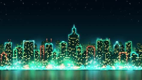 City Night Skyline With Bright Lights And Animated Windows