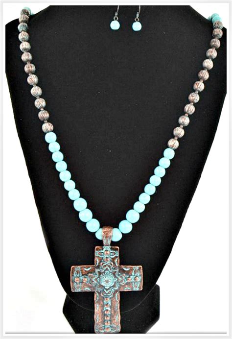 Rustic Patina Copper Cross On Long Turquoise And Patina Metal Beaded
