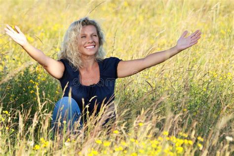 Happy Mature Woman Spreading Her Arms Meadow Stock Photos Free Royalty Free Stock Photos