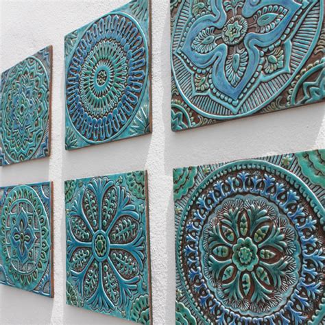 Set Of 6 Turquoise Ceramic Decorative Wall Tiles Wall Art 30cm Each
