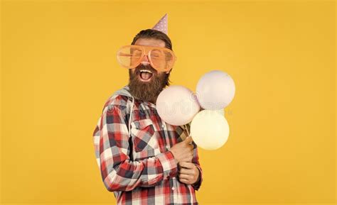 Buying Ts Happy Man With Beard Man In Party Glasses Hold Balloons Holiday Celebration
