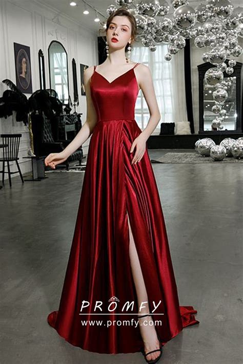 Glossy Red Satin Spaghetti Straps Slit Prom Dress Promfy