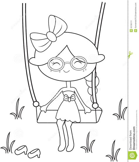 Summer coloring pages of a girl swinging. Girl Sitting On The Swing Coloring Page Stock Illustration ...