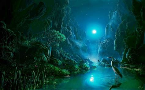 Night Scene In Moonlight Dreamy Fantasy Land Wallpaper 1