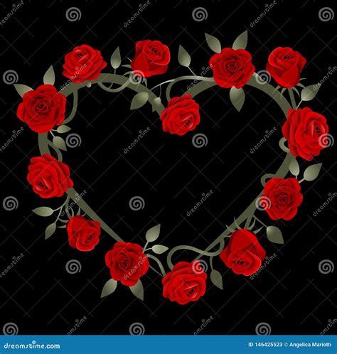 Red Roses Heart Frame On Black Background Stock Vector Illustration