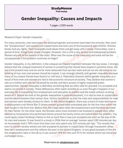 Gender Inequality Causes And Impacts Free Essay Example