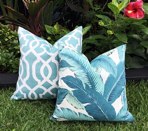 Palm Leaf Cushions Teal Banana Leaf Outdoor Cushion Cover Etsy