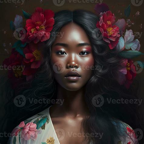 Portrait of sensual black woman with flowers in hair, 24086524 Stock