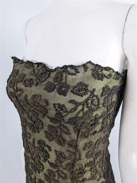 Emanuel Ungaro Vintage Y2k Strapless Green Embroidered Mesh Party Dress