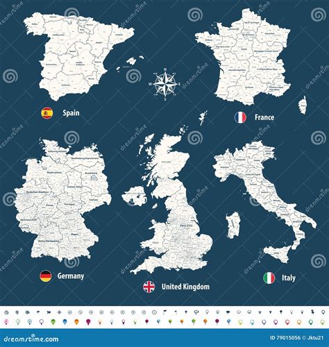 Altos Mapas Detallados Del Vector De Reino Unido De Italia De Alemania De Francia Y De España