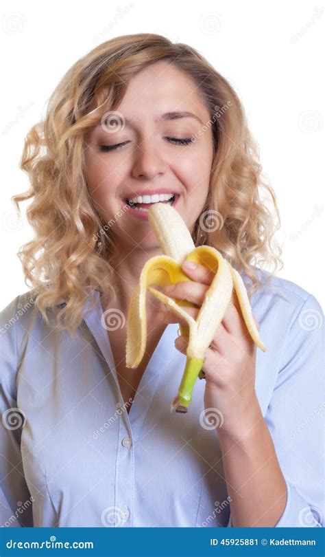 Woman With Curly Blond Hair Eating A Sweet Banana Stock Image Image