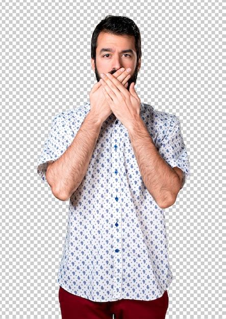 Premium Psd Handsome Brunette Man With Beard Covering His Mouth