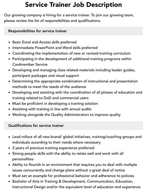 Service Trainer Job Description Velvet Jobs