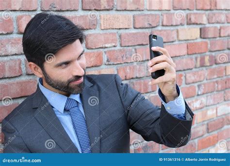 Businessman Taking Selfie Picture With Mobile Phone Stock Photo Image