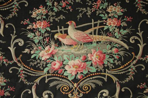 French Fabric Black Ground Floral And Bird Rococo Pattern Etsy In