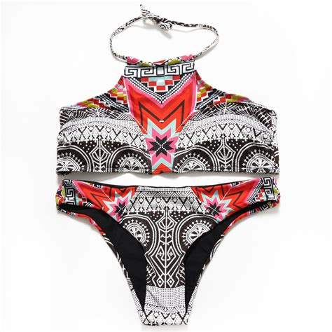 Vintage Halter Top Bikini Set Low Waist High Neck Swimsuit High Neck Swimwear Tie Dye Swimwear