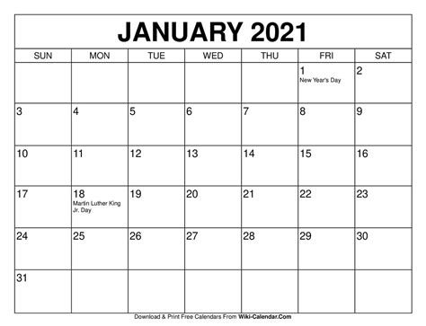 January 2021 Printable Calendar Month Calendar Printable