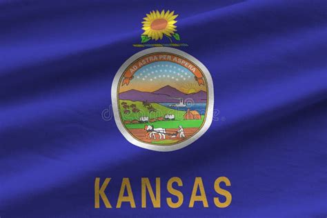 Kansas Us State Flag With Big Folds Waving Close Up Under The Studio