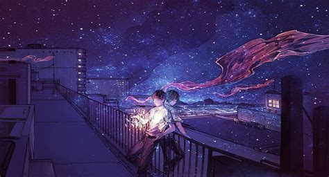 Hd Wallpaper Anime Original Boy City Night Roof Stars