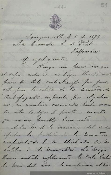 Iquique 6 De Abril De 1879 Carta De Arturo Prat A Carmela Carvajal