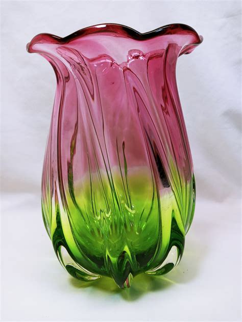 Vintage Pink And Green Glass Vase From Teleflora Twisted Etsy