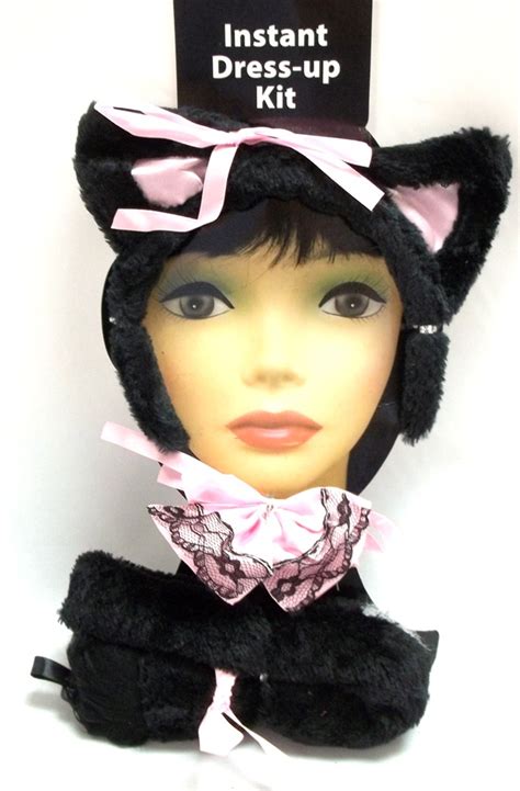 sexy plush kitty ears tail bowtie black cat halloween costume instant kit